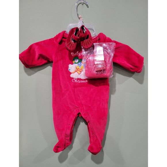 Vintage Baby's first Christmas dress red with hat and booties size 0 to 3 months - Picture 1 of 9